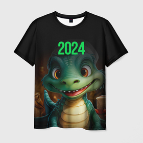 Мужская футболка 3D с принтом 2024  зеленый  дракончик , 100% полиэфир | прямой крой, круглый вырез горловины, длина до линии бедер | 