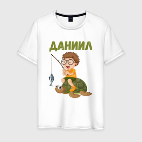 Мужская футболка хлопок с принтом Даниил   мальчик на черепахе в Санкт-Петербурге, 100% хлопок | прямой крой, круглый вырез горловины, длина до линии бедер, слегка спущенное плечо. | 