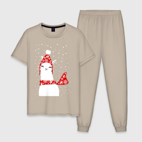 Мужская пижама хлопок с принтом Лама    альпака в шапочке и шарфе в Кировске, 100% хлопок | брюки и футболка прямого кроя, без карманов, на брюках мягкая резинка на поясе и по низу штанин
 | 