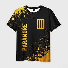 Мужская футболка 3D с принтом Paramore   gold gradient вертикально в Санкт-Петербурге, 100% полиэфир | прямой крой, круглый вырез горловины, длина до линии бедер | Тематика изображения на принте: 