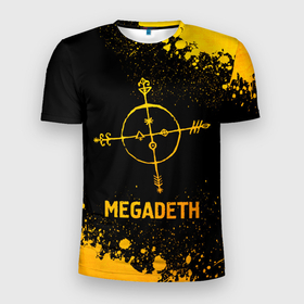 Мужская футболка 3D Slim с принтом Megadeth   gold gradient в Белгороде, 100% полиэстер с улучшенными характеристиками | приталенный силуэт, круглая горловина, широкие плечи, сужается к линии бедра | 
