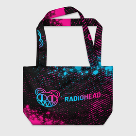 Пляжная сумка 3D с принтом Radiohead   neon gradient по горизонтали в Санкт-Петербурге, 100% полиэстер | застегивается на металлическую кнопку; внутренний карман застегивается на молнию. Стенки укреплены специальным мягким материалом, чтобы защитить содержимое от несильных ударов
 | 