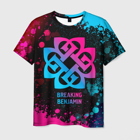 Мужская футболка 3D с принтом Breaking Benjamin   neon gradient в Кировске, 100% полиэфир | прямой крой, круглый вырез горловины, длина до линии бедер | 