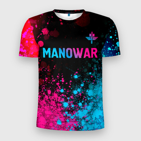 Мужская футболка 3D Slim с принтом Manowar   neon gradient посередине в Белгороде, 100% полиэстер с улучшенными характеристиками | приталенный силуэт, круглая горловина, широкие плечи, сужается к линии бедра | 