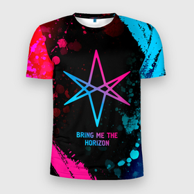 Мужская футболка 3D Slim с принтом Bring Me the Horizon   neon gradient в Кировске, 100% полиэстер с улучшенными характеристиками | приталенный силуэт, круглая горловина, широкие плечи, сужается к линии бедра | 