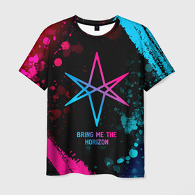 Мужская футболка 3D с принтом Bring Me the Horizon   neon gradient в Кировске, 100% полиэфир | прямой крой, круглый вырез горловины, длина до линии бедер | Тематика изображения на принте: 