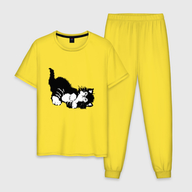 Мужская пижама хлопок с принтом Милый чёрно белый  котик в Кировске, 100% хлопок | брюки и футболка прямого кроя, без карманов, на брюках мягкая резинка на поясе и по низу штанин
 | Тематика изображения на принте: 