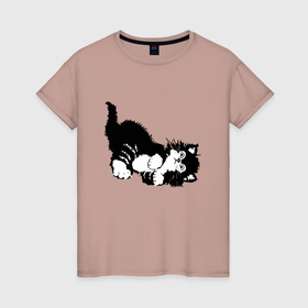 Женская футболка хлопок с принтом Милый чёрно белый  котик , 100% хлопок | прямой крой, круглый вырез горловины, длина до линии бедер, слегка спущенное плечо | Тематика изображения на принте: 