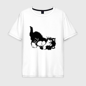 Мужская футболка хлопок Oversize с принтом Милый чёрно белый  котик в Екатеринбурге, 100% хлопок | свободный крой, круглый ворот, “спинка” длиннее передней части | 