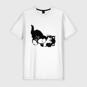 Мужская футболка хлопок Slim с принтом Милый чёрно белый  котик в Петрозаводске, 92% хлопок, 8% лайкра | приталенный силуэт, круглый вырез ворота, длина до линии бедра, короткий рукав | Тематика изображения на принте: 