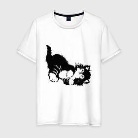 Мужская футболка хлопок с принтом Милый чёрно белый  котик в Курске, 100% хлопок | прямой крой, круглый вырез горловины, длина до линии бедер, слегка спущенное плечо. | 