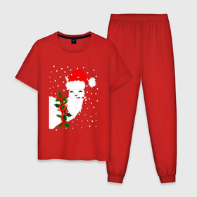 Мужская пижама хлопок с принтом Лама   альпака Санта Клаус в Белгороде, 100% хлопок | брюки и футболка прямого кроя, без карманов, на брюках мягкая резинка на поясе и по низу штанин
 | 
