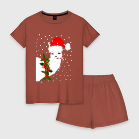 Женская пижама с шортиками хлопок с принтом Лама   альпака Санта Клаус в Тюмени, 100% хлопок | футболка прямого кроя, шорты свободные с широкой мягкой резинкой | 