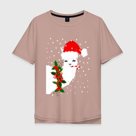 Мужская футболка хлопок Oversize с принтом Лама   альпака Санта Клаус в Екатеринбурге, 100% хлопок | свободный крой, круглый ворот, “спинка” длиннее передней части | 