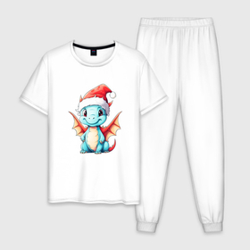 Мужская пижама хлопок с принтом Милый новогодний  дракошка , 100% хлопок | брюки и футболка прямого кроя, без карманов, на брюках мягкая резинка на поясе и по низу штанин
 | 