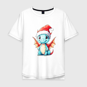 Мужская футболка хлопок Oversize с принтом Милый новогодний  дракошка , 100% хлопок | свободный крой, круглый ворот, “спинка” длиннее передней части | 