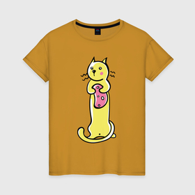 Женская футболка хлопок с принтом Кот с колбаской в Екатеринбурге, 100% хлопок | прямой крой, круглый вырез горловины, длина до линии бедер, слегка спущенное плечо | 