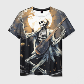 Мужская футболка 3D с принтом Скелет играет на инструменте в Тюмени, 100% полиэфир | прямой крой, круглый вырез горловины, длина до линии бедер | 