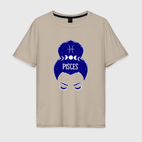 Мужская футболка хлопок Oversize с принтом Рыбы зодиак девушка с луной в волосах pisces в Санкт-Петербурге, 100% хлопок | свободный крой, круглый ворот, “спинка” длиннее передней части | 