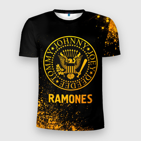 Мужская футболка 3D Slim с принтом Ramones   gold gradient в Белгороде, 100% полиэстер с улучшенными характеристиками | приталенный силуэт, круглая горловина, широкие плечи, сужается к линии бедра | Тематика изображения на принте: 