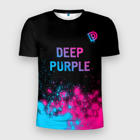 Мужская футболка 3D Slim с принтом Deep Purple   neon gradient посередине в Белгороде, 100% полиэстер с улучшенными характеристиками | приталенный силуэт, круглая горловина, широкие плечи, сужается к линии бедра | Тематика изображения на принте: 