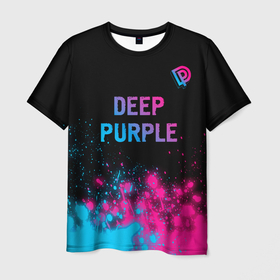 Мужская футболка 3D с принтом Deep Purple   neon gradient посередине , 100% полиэфир | прямой крой, круглый вырез горловины, длина до линии бедер | Тематика изображения на принте: 
