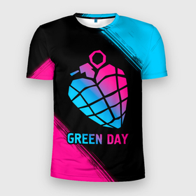Мужская футболка 3D Slim с принтом Green Day   neon gradient в Кировске, 100% полиэстер с улучшенными характеристиками | приталенный силуэт, круглая горловина, широкие плечи, сужается к линии бедра | Тематика изображения на принте: 