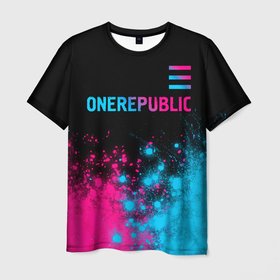 Мужская футболка 3D с принтом OneRepublic   neon gradient посередине , 100% полиэфир | прямой крой, круглый вырез горловины, длина до линии бедер | 
