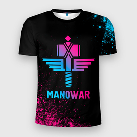 Мужская футболка 3D Slim с принтом Manowar   neon gradient в Белгороде, 100% полиэстер с улучшенными характеристиками | приталенный силуэт, круглая горловина, широкие плечи, сужается к линии бедра | 