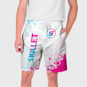 Мужские шорты 3D с принтом Skillet neon gradient style вертикально ,  полиэстер 100% | прямой крой, два кармана без застежек по бокам. Мягкая трикотажная резинка на поясе, внутри которой широкие завязки. Длина чуть выше колен | 