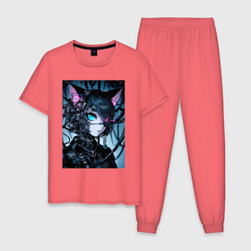 Мужская пижама хлопок с принтом Cyber cat   ai art в Белгороде, 100% хлопок | брюки и футболка прямого кроя, без карманов, на брюках мягкая резинка на поясе и по низу штанин
 | 