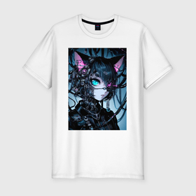 Мужская футболка хлопок Slim с принтом Cyber cat   ai art в Кировске, 92% хлопок, 8% лайкра | приталенный силуэт, круглый вырез ворота, длина до линии бедра, короткий рукав | 