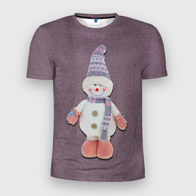 Мужская футболка 3D Slim с принтом Снеговик мальчик на вязаном фоне в Кировске, 100% полиэстер с улучшенными характеристиками | приталенный силуэт, круглая горловина, широкие плечи, сужается к линии бедра | 