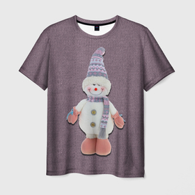 Мужская футболка 3D с принтом Снеговик мальчик на вязаном фоне в Белгороде, 100% полиэфир | прямой крой, круглый вырез горловины, длина до линии бедер | 