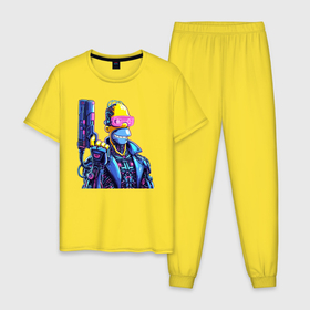 Мужская пижама хлопок с принтом Гомер Симпсон с пистолетом   киберпанк в Кировске, 100% хлопок | брюки и футболка прямого кроя, без карманов, на брюках мягкая резинка на поясе и по низу штанин
 | 