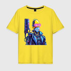 Мужская футболка хлопок Oversize с принтом Гомер Симпсон с пистолетом   киберпанк в Санкт-Петербурге, 100% хлопок | свободный крой, круглый ворот, “спинка” длиннее передней части | 