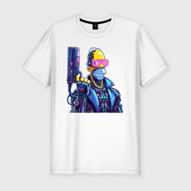 Мужская футболка хлопок Slim с принтом Гомер Симпсон с пистолетом   киберпанк в Санкт-Петербурге, 92% хлопок, 8% лайкра | приталенный силуэт, круглый вырез ворота, длина до линии бедра, короткий рукав | 