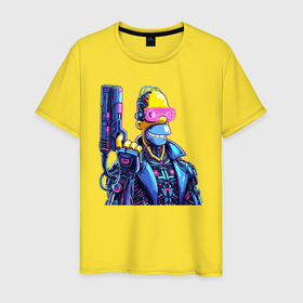 Мужская футболка хлопок с принтом Гомер Симпсон с пистолетом   киберпанк в Курске, 100% хлопок | прямой крой, круглый вырез горловины, длина до линии бедер, слегка спущенное плечо. | 