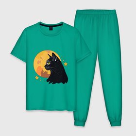 Мужская пижама хлопок с принтом Чёрная кошка на фоне луны в Новосибирске, 100% хлопок | брюки и футболка прямого кроя, без карманов, на брюках мягкая резинка на поясе и по низу штанин
 | 