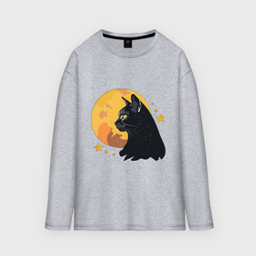 Мужской лонгслив oversize хлопок с принтом Чёрная кошка на фоне луны в Кировске,  |  | 