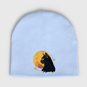 Мужская шапка демисезонная с принтом Чёрная кошка на фоне луны в Курске,  |  | Тематика изображения на принте: 