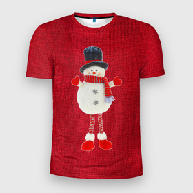 Мужская футболка 3D Slim с принтом Игрушка снеговика на вязанном в Кировске, 100% полиэстер с улучшенными характеристиками | приталенный силуэт, круглая горловина, широкие плечи, сужается к линии бедра | Тематика изображения на принте: 