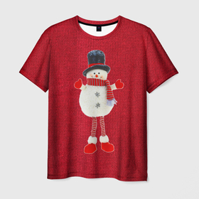 Мужская футболка 3D с принтом Игрушка снеговика на вязанном в Тюмени, 100% полиэфир | прямой крой, круглый вырез горловины, длина до линии бедер | Тематика изображения на принте: 