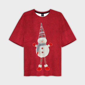 Мужская футболка oversize 3D с принтом Игрушка снеговика на вязанном красном в Кировске,  |  | Тематика изображения на принте: 