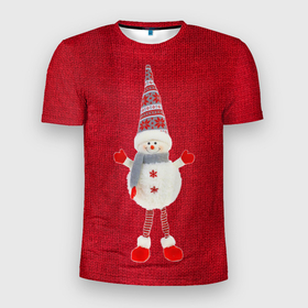 Мужская футболка 3D Slim с принтом Игрушка снеговика на вязанном красном в Тюмени, 100% полиэстер с улучшенными характеристиками | приталенный силуэт, круглая горловина, широкие плечи, сужается к линии бедра | 
