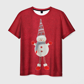 Мужская футболка 3D с принтом Игрушка снеговика на вязанном красном в Тюмени, 100% полиэфир | прямой крой, круглый вырез горловины, длина до линии бедер | 