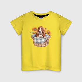 Детская футболка хлопок с принтом Бассет хаунд в корзине в Санкт-Петербурге, 100% хлопок | круглый вырез горловины, полуприлегающий силуэт, длина до линии бедер | Тематика изображения на принте: 