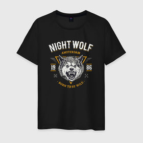 Мужская футболка хлопок с принтом Night wolf born to be wild в Петрозаводске, 100% хлопок | прямой крой, круглый вырез горловины, длина до линии бедер, слегка спущенное плечо. | 
