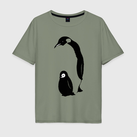 Мужская футболка хлопок Oversize с принтом Пингвин с пингвинёнком , 100% хлопок | свободный крой, круглый ворот, “спинка” длиннее передней части | 