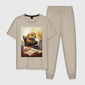 Мужская пижама хлопок с принтом Выдра с комьютером в Кировске, 100% хлопок | брюки и футболка прямого кроя, без карманов, на брюках мягкая резинка на поясе и по низу штанин
 | 